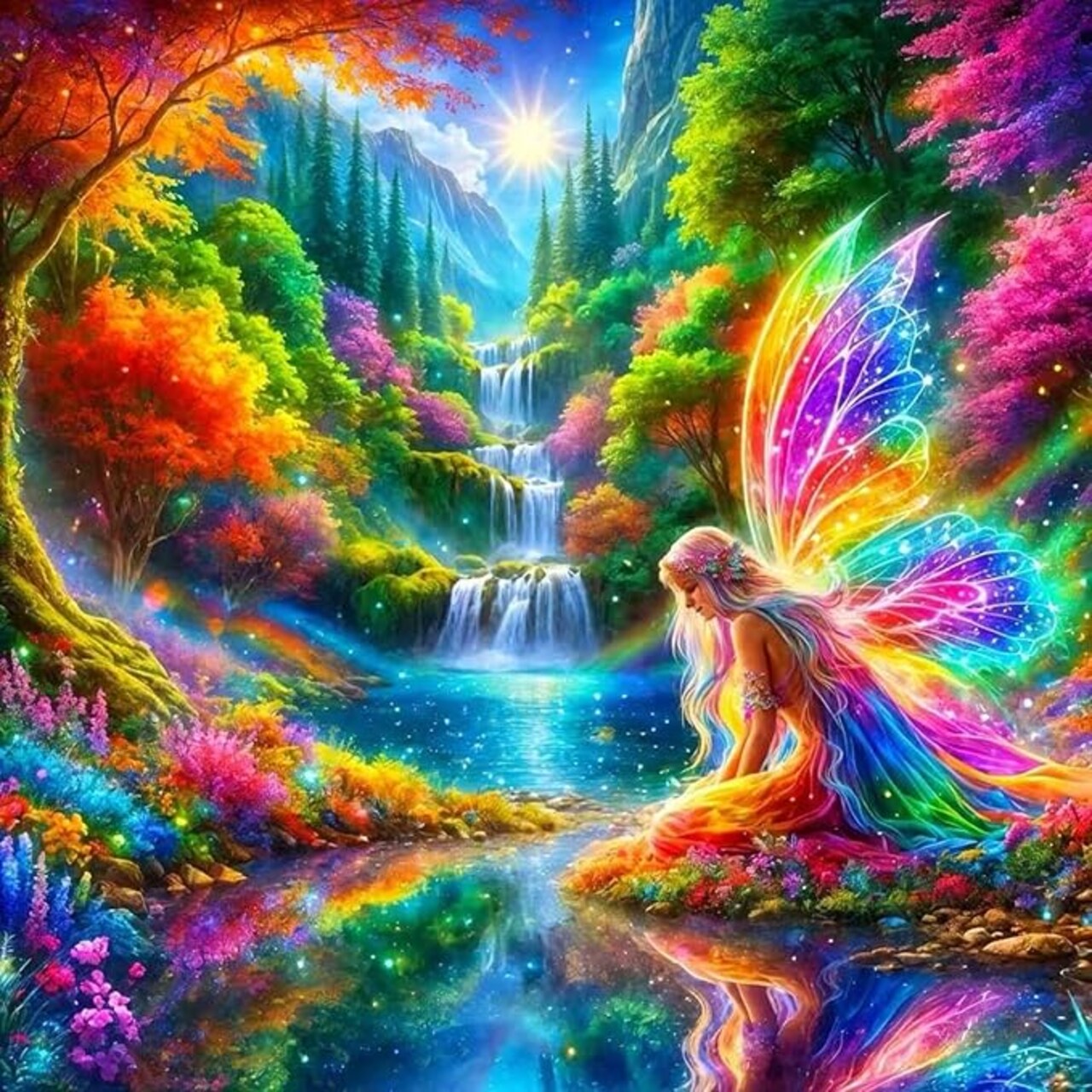 5D Waterfall Landscape Diamond Art Kit for Adults & Beginners – Colorful Fairy DIY Full Drill Diamond Painting Set 13.78×13.78 Inch – Gem Art Wall Decor Craft Kit